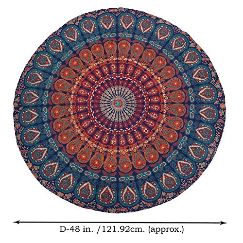 Peacock Mandala Tapestry Round Table Cloth Hippie Wall Hanging Decorative Trippy Tapestries Bohemian Boho Bedding Indian Handmade Pure Cotton Bed Spread Sheet - 48 Inch #TOP6