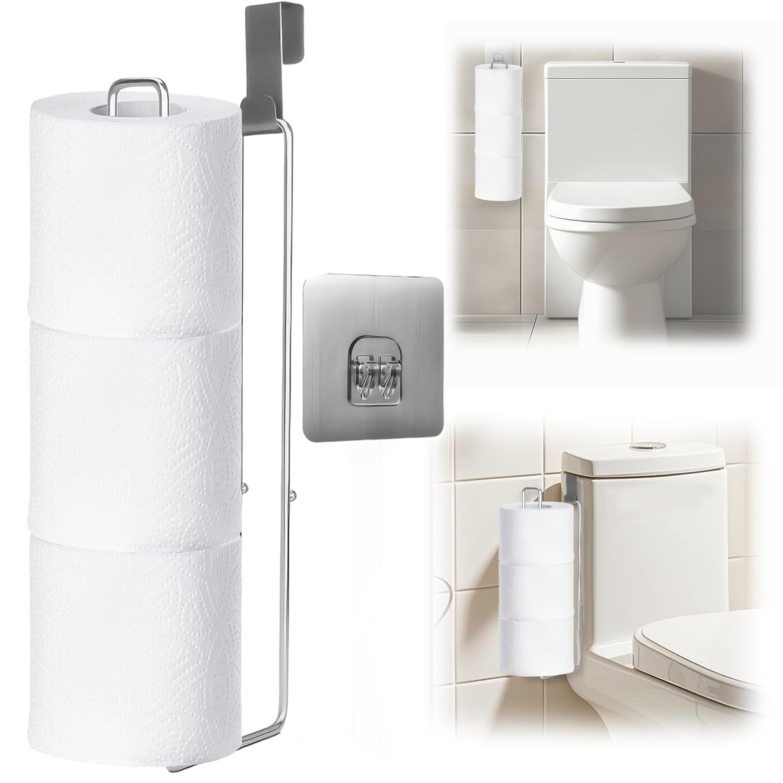 Toilet Paper Holders, Toilet Roll Holder Free Standing,Over The Tank Toilet Paper Holder Stand,Self Adhesive Wall Mounted Toilet Roll Storage for 4 Roll Tissue, Two Installation Methods