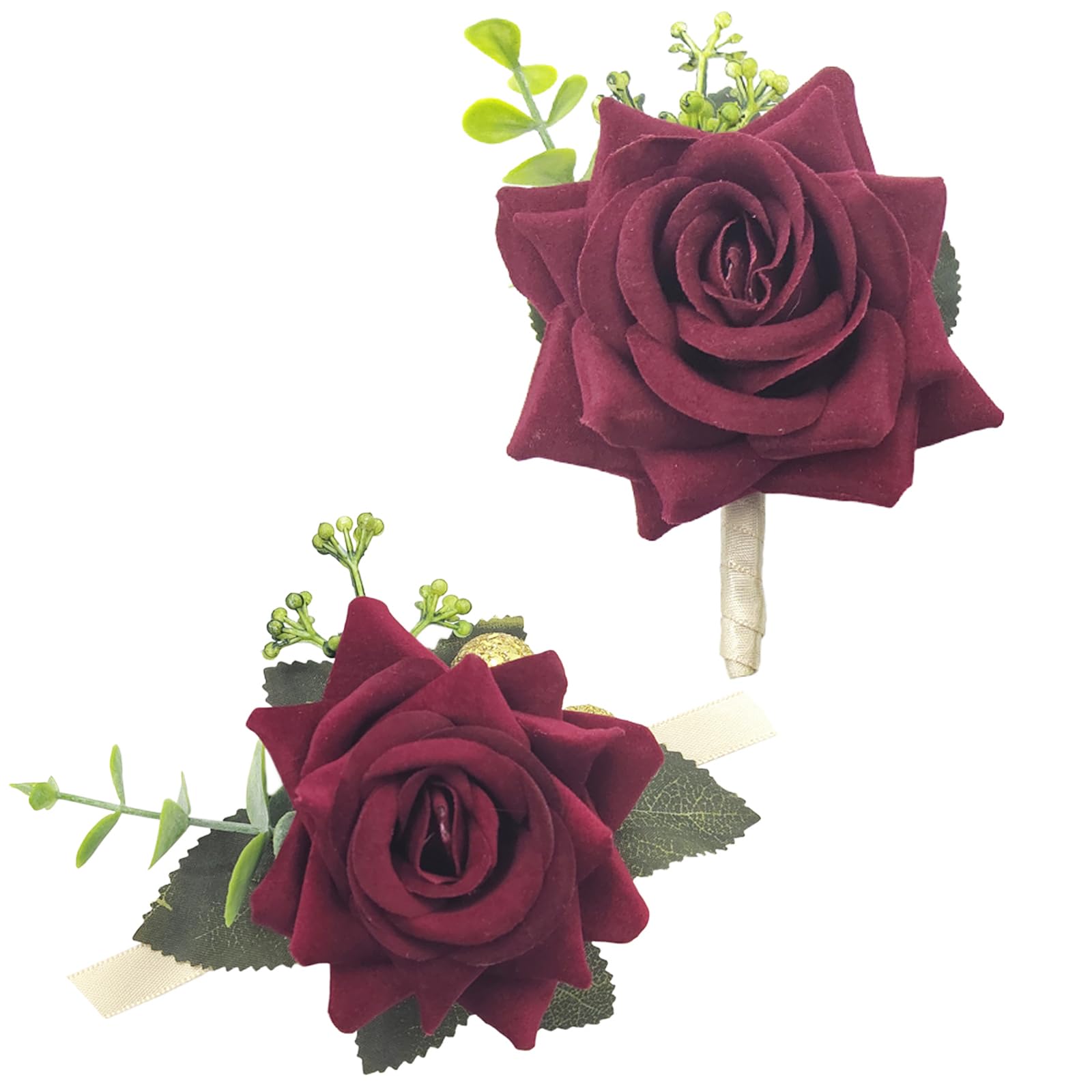 Wedding Prom Corsage and Boutonniere Set, Rose Wrist Corsage Ribbon Bracelet, Artificial Flower Christmas Wrist Corsage-image-10