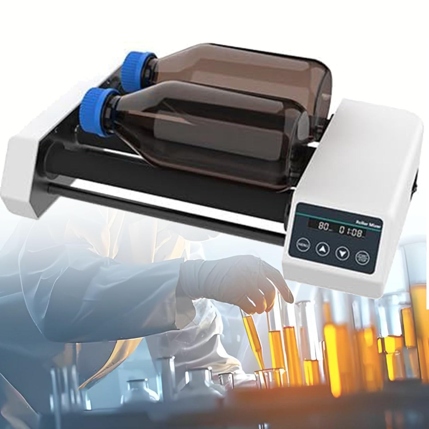 Mezclador de rodillos de laboratorio, agitador digital de 4 rodillos, velocidad ajustable de 20-80 rpm, carga máxima de botellas de 1 litro x 2/2 kg, para laboratorios químicos y biológicos