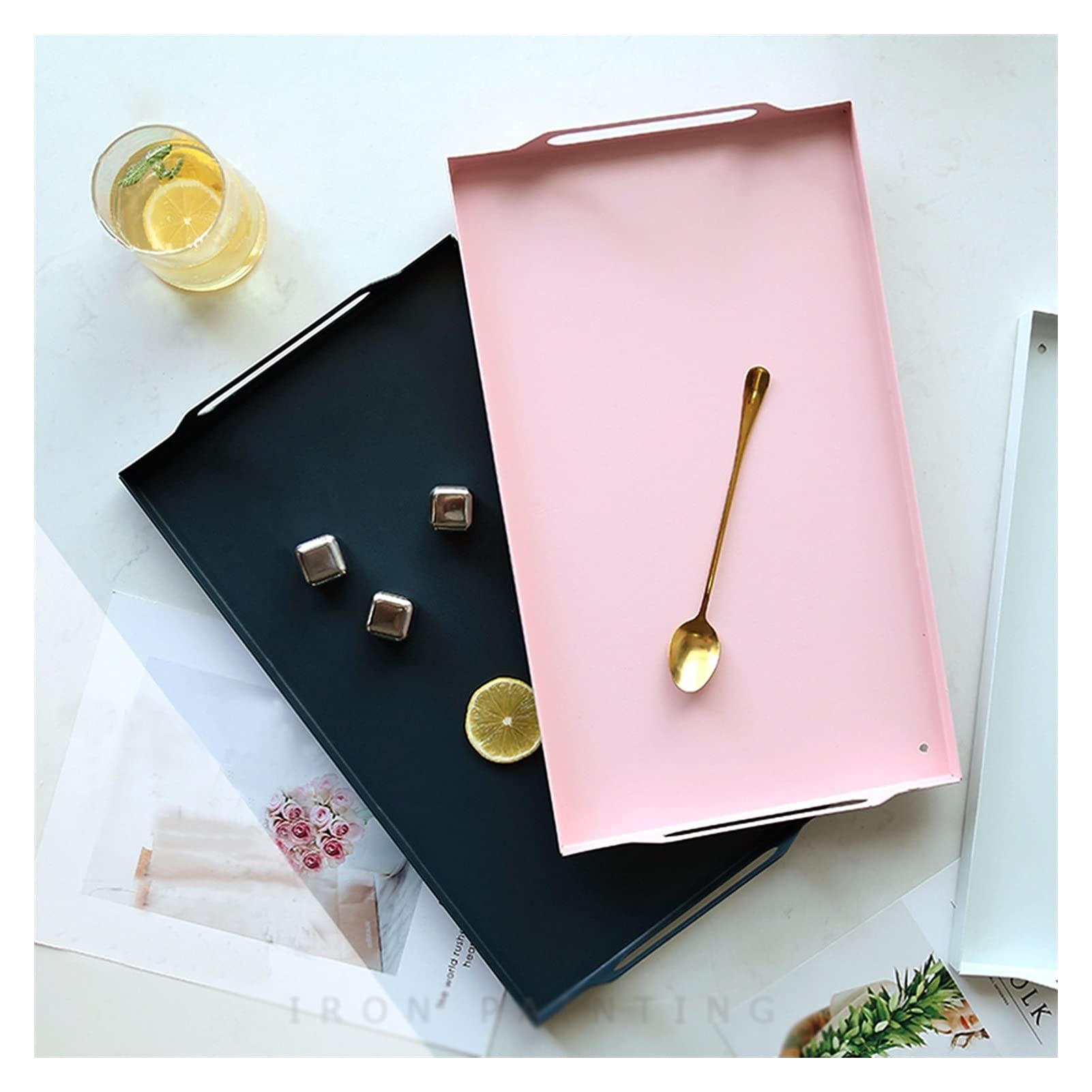 Bandejas para Servir Comida Bandeja de Servir y Bandeja, Hierro Forjado Rectangular con manija Bandería, Desayuno, decoración Granja Estilo Sirviendo Platos(B,L)