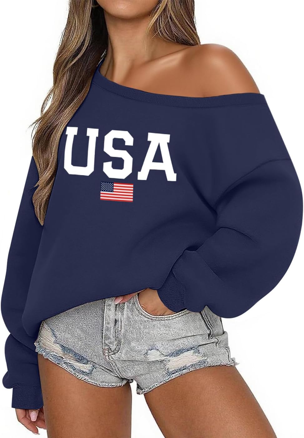 Lacozy USA Sweatshirt for Women Oversized Fleece Off the Shoulder Sweater Soft Long Sleeve Hoodie 4th of July Outfits