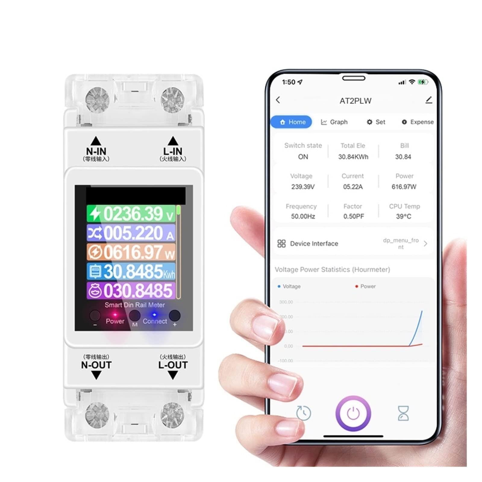 Smart Energy Monitor, Contatore di energia, AT2PW 100A Tuya Su Guida Din Contatore di Energia Smart Switch Telecomando Digital Volt Amp Kwh Misuratore del Fattore di Frequenza per Apartment Factory Ho