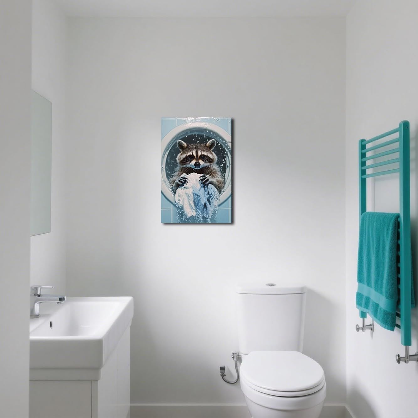 SWQYLB Laundry Room Canvas Wall Art Laundry Sign Painting Funny Animal in Washing Machine Picture Pet Art Prints Framed Artwork Wash Room Bathroom Decor (Blue, 30L x 20W)