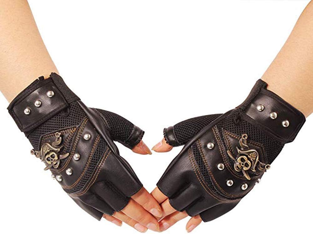 Ejoyous Rivets Pirate Skeleton Gloves, Artificial Leather Half Finger Gloves for Motorcycle Riding and Outdoor Sports
