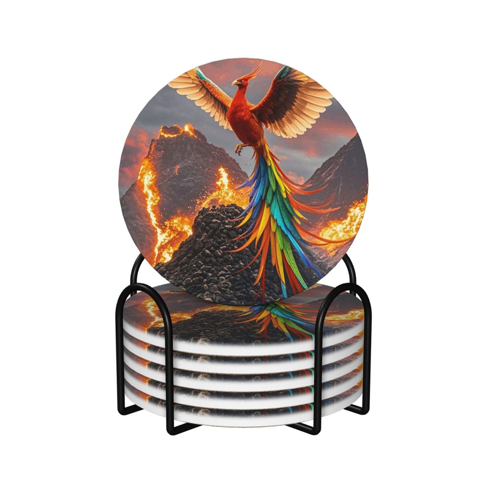 6Pcs Ceramics Coaster for Drinks, Phoenix and Fire Cup Coasters with Holder, Aesthetic Drink Coasters for Coffee Table, Absorbent Round Coaster for Tabletop Protection 4" Cup Mat Pad