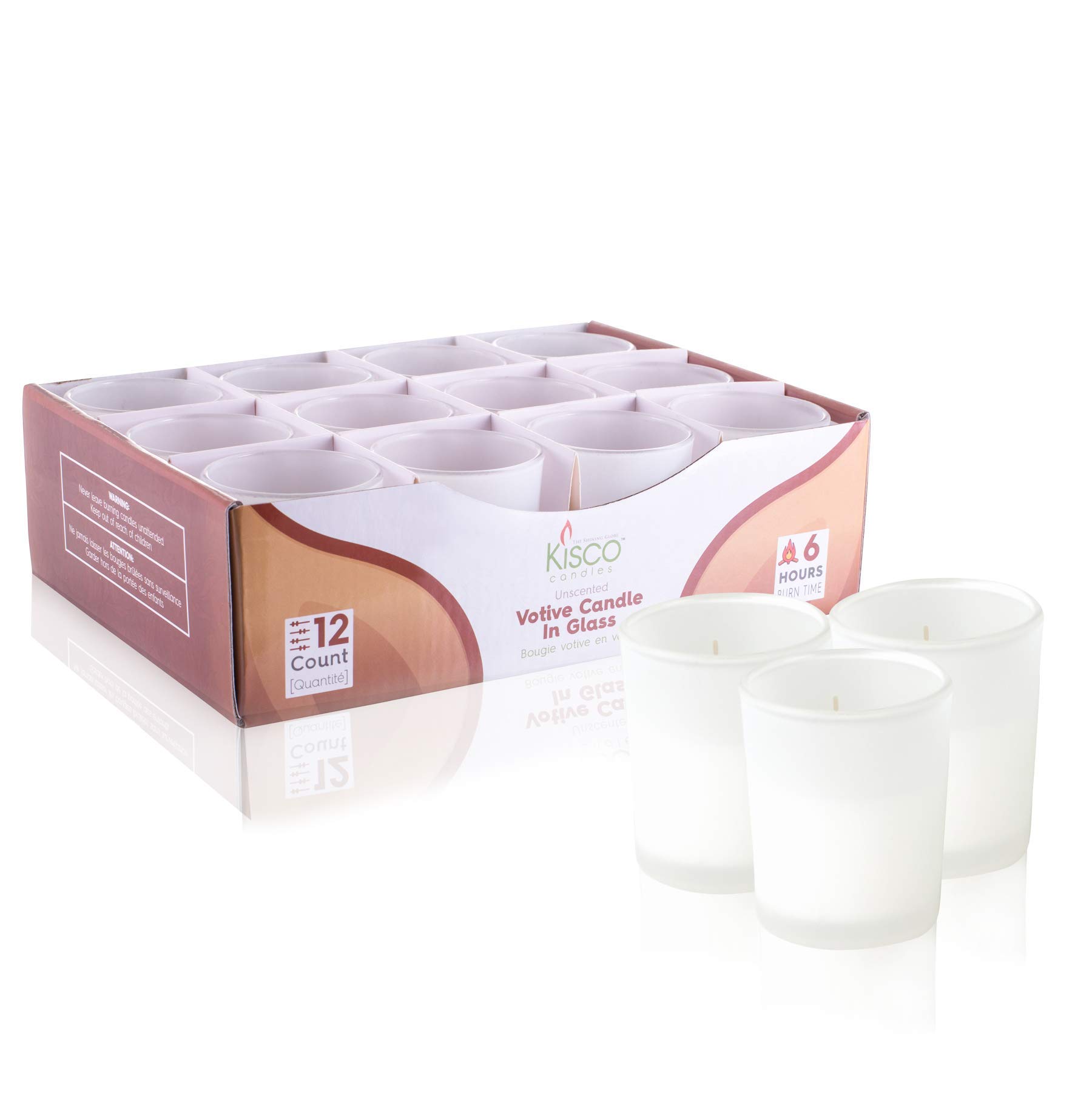 Kisco Candles: 6 Hour Votive Candles with Holders Frosted White Decorative Glass Home Decor, Beautiful Living Room, Kitchen, Bathroom Lighting | Long-Lasting Wax | 12-Pack