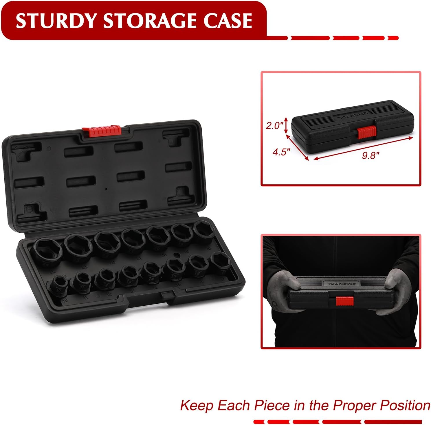 EMENTOL 15PCS 1/2" Drive Low Profile Nano Impact Socket Set, 1/2-Inch Drive stubby sockets, Metric, 10mm-24mm, CR-MO