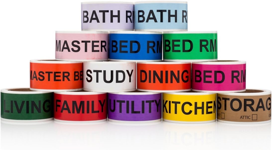 Saurus Brands Home Moving Labels, 4-Bedroom House, 14 Rolls, 50 Labels per Living Space, 14 Different Colors, 700 Total Labels, Color Coding Labels