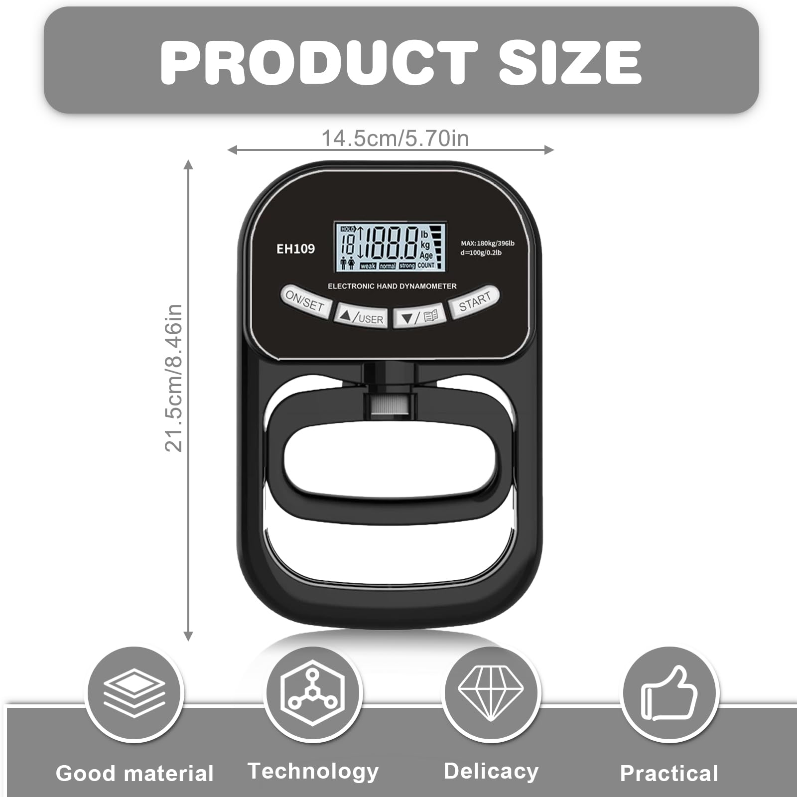 Dynamómetro digital de mano de 180 kg/396 lb, medidor de fuerza de agarre con cable de carga USB, indicador LED, entrenador de fuerza de agarre, color negro