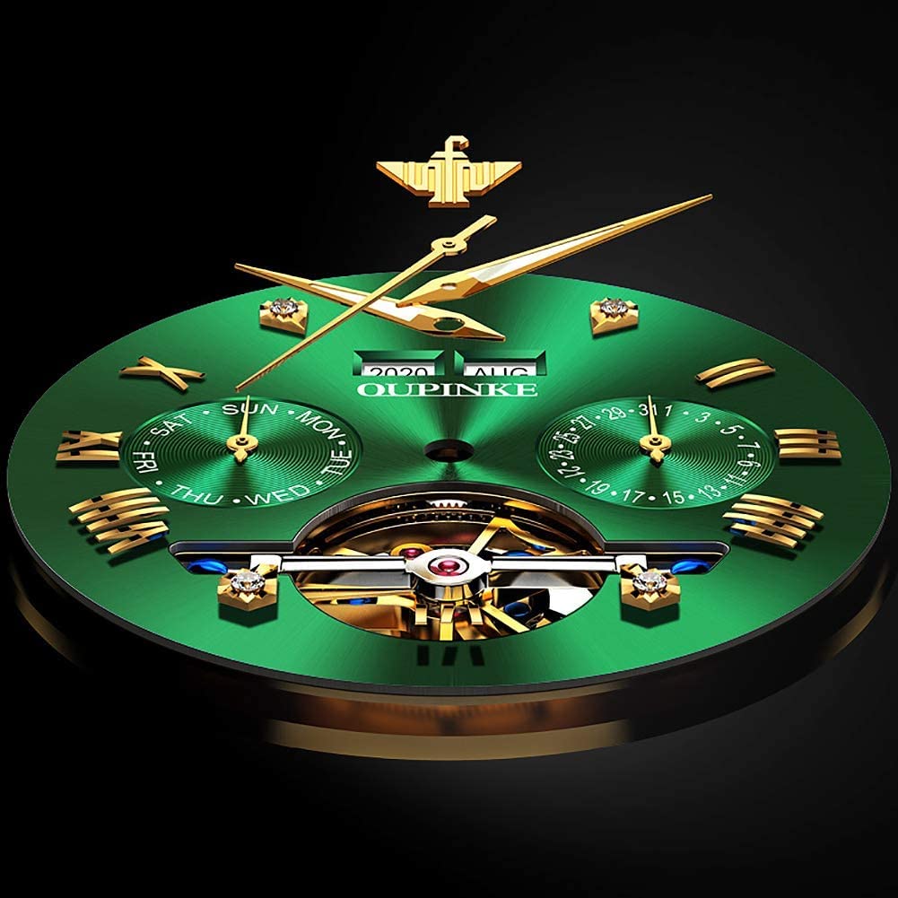 OUPINKE Herrenuhren Automatik Skelett Mechanische Armbanduhr mit Diamanten Tourbillon Wasserdicht Luminous Tag Datum Schwarz Edelstahlarmband