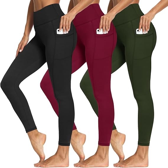 3 Packs Leggings with Pockets for Women, Soft High Waisted Tummy Control Workout Yoga Pants