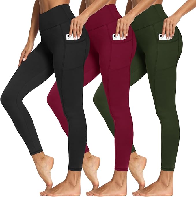 3 Packs Leggings with Pockets for Women, Soft High Waisted Tummy Control Workout Yoga Pants