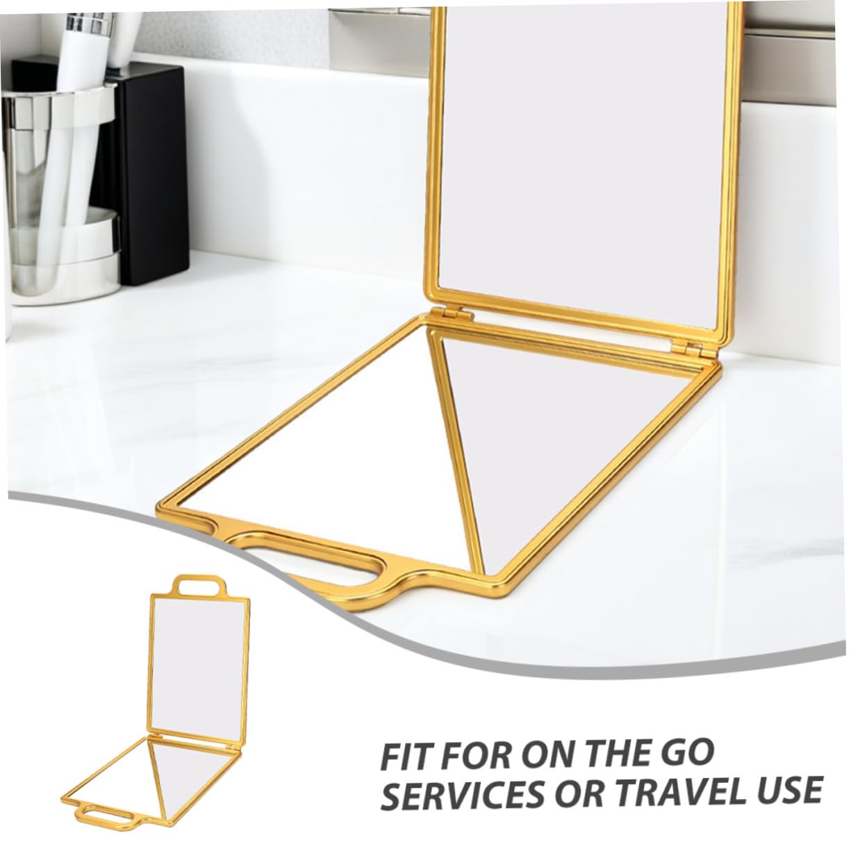 SHERCHPRY Faltbarer doppelseitiger Friseurspiegel Gold Tragbarer Handspiegel Kompakt für Styling Makeup Frisur Kontrolle Reise Zubehör