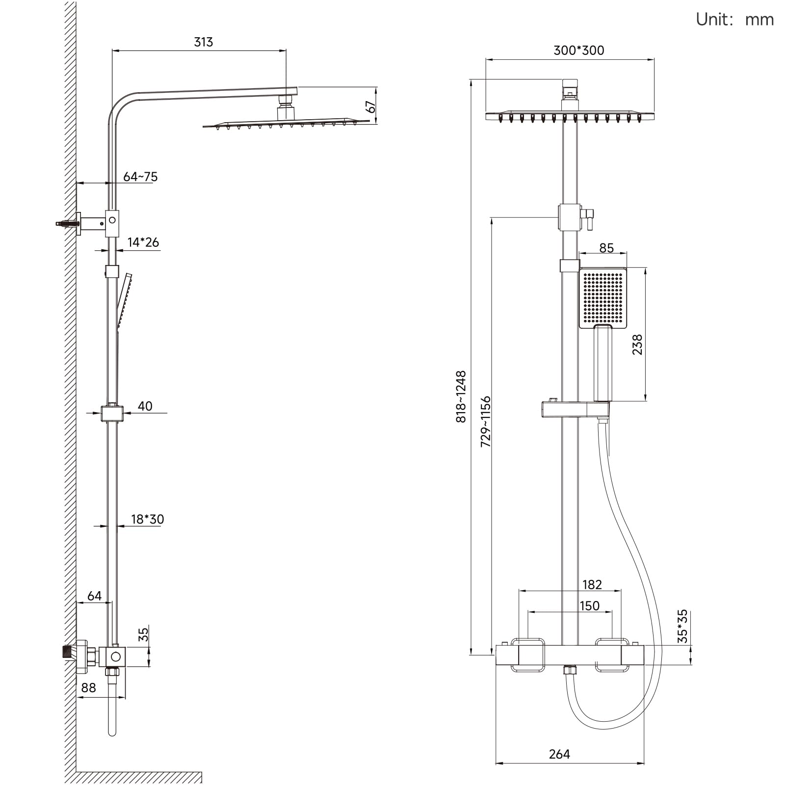 Auralum Colonna Doccia con Miscelatore Termostatico, Miscelatore Doccia Esterno Ottone, Colonna Doccia con 30x30cm Soffione Doccia e Doccetta, Asta Saliscendi Doccia Altezza Regolabile 80-124cm, Cromo