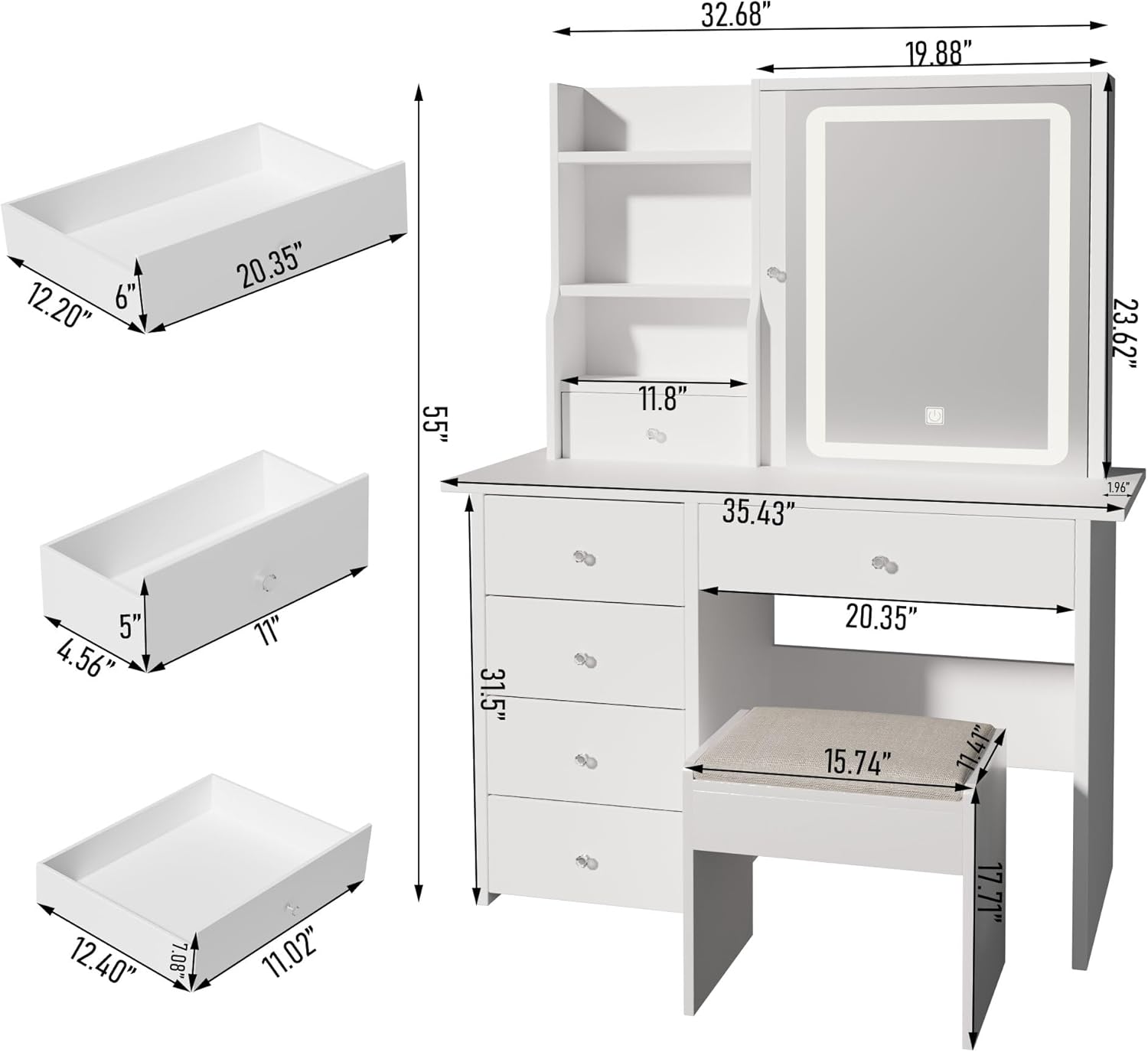 ALEAVIC Vanity Desk with Mirror and LED Lights, Makeup Vanity Set with Power Outlet, and Stool,Jewelry Storage,White Vanity Desk for Bedroom