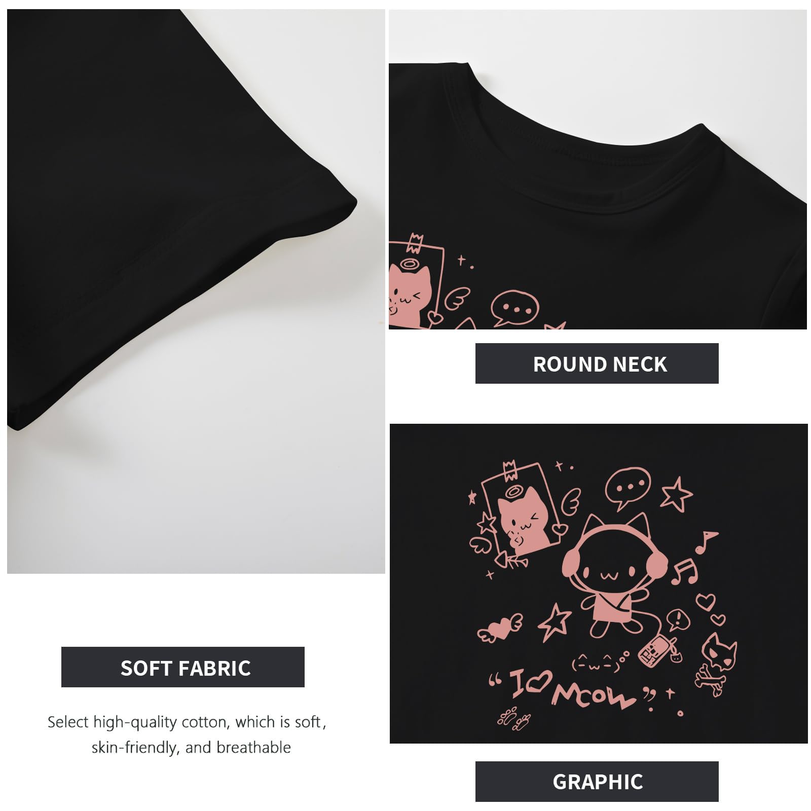 Oiiaayy Cute Baby Tees for Women Cat Kawaii Y2k Graphic Crop Top Harajuku Cartoon T Shirts Teen Girls Aesthetic Grunge Shirts: Black Small