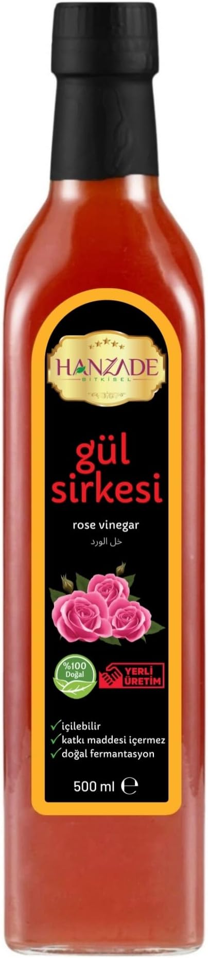 Hanzade Bitkisel Gül Sirkesi 500 ML Doğal Fermantasyon İçilebilir Katkısız Cam Şişe