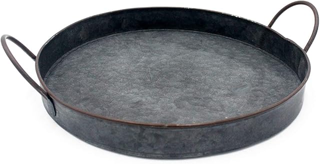 Funly mee 26CM Round Galvanized Small Metal Tray with HandlesDecorative Serving Tray for Coffee Table or Dining Table