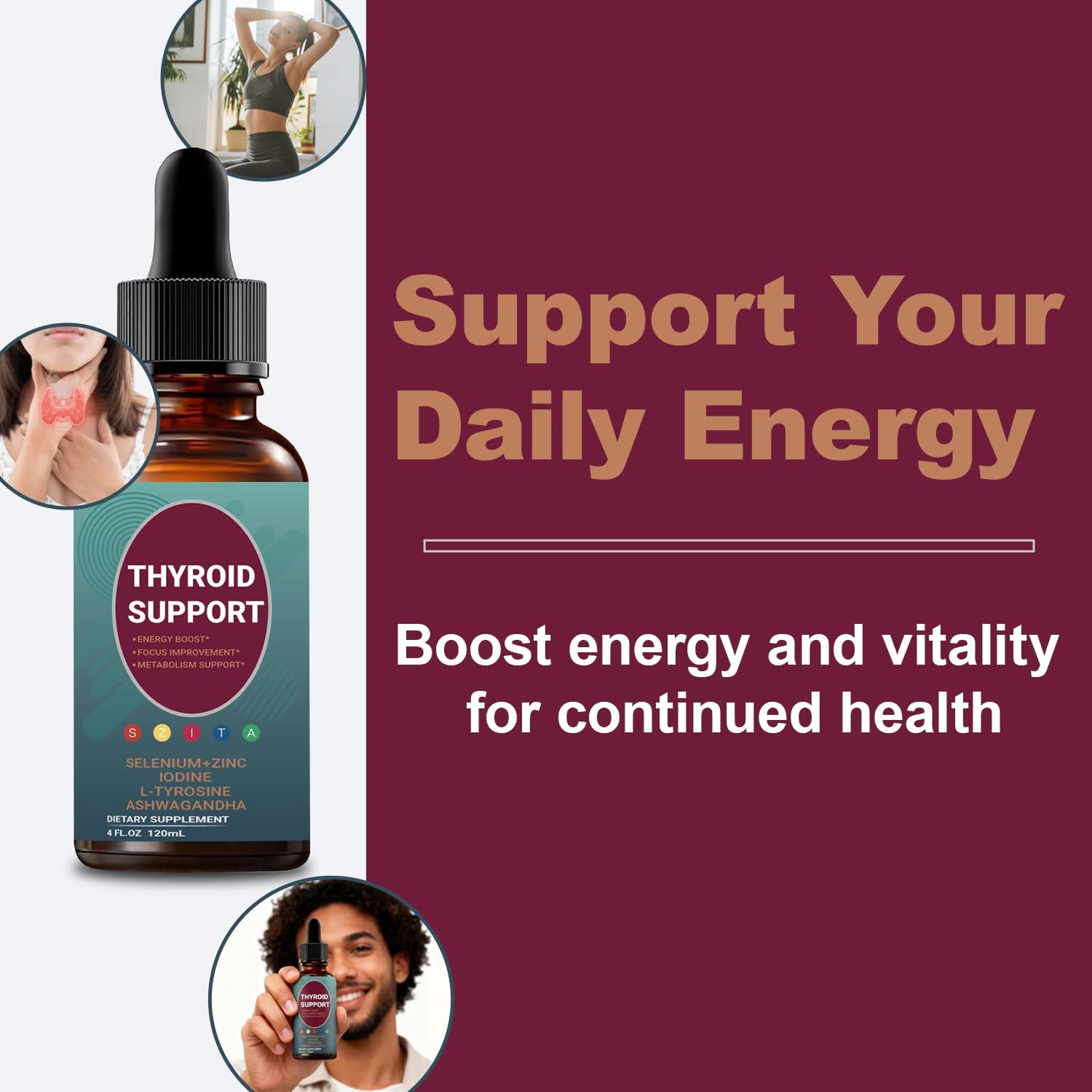 Thyroid Support Liquid Drops with Iodine, Selenium, Zinc, L-Tyrosine & Ashwagandha – 120mL (4 fl. oz.) for Hormone Balance, Energy & Metabolism Support - Image 2