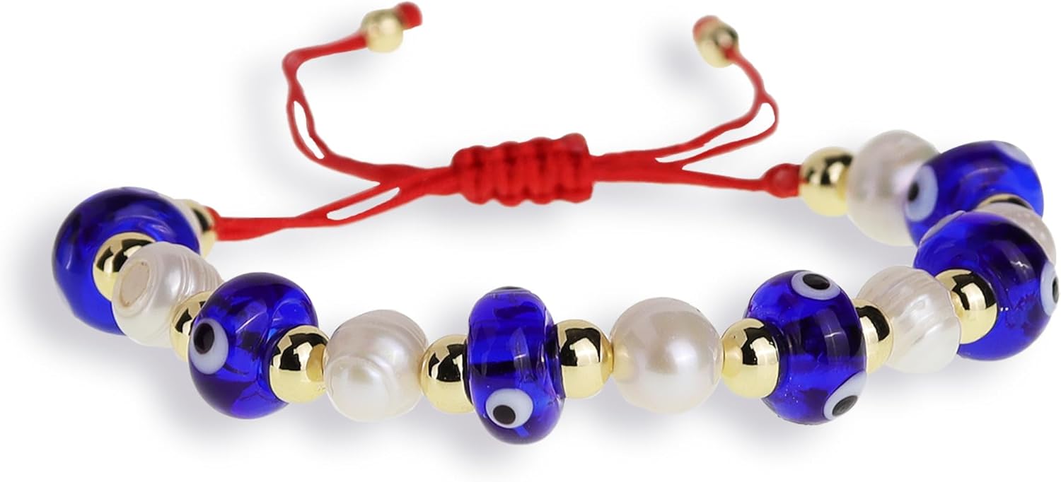 Gold Pearl Evil Eye Beaded Adjustable Bracelets for Women, Handmade Boho Freshwater Pearls Beads Red Rope Braided Bracelet Fashion Friendship Beach Jewelry Gift