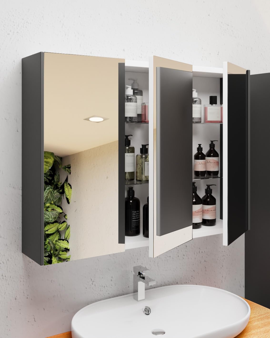Badezimmermöbel Set Lara Konsole 100 Anthrazit | Keramikwaschbecken | Unterschrank | Spiegelschrank | Softclose-Schubladen & -Türen & unsichtbare Griffe | Moderner Stil | Badmöbel Waschtisch