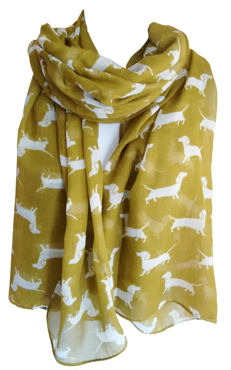 Glamlondon Women's Olive Green -P01d Dachshund Print Scarf, Mini Sausage Dogs, Animal Long Big Puppies Wrap (Olive Green -P01d)(Size:l)