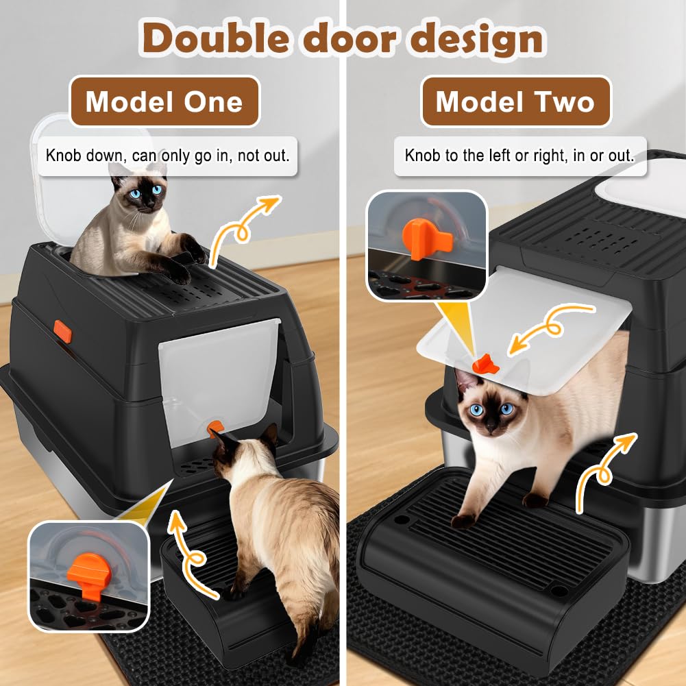 Vivifying Stainless Steel Litter Box with Lid, XL Front Entry Enclosed Extra Large Litter Box for Big Cats & Kitty, Top Exit Metal Cat Pan with Scoop, Mat, Footboard, Charcoal Filter (Black) - image 3