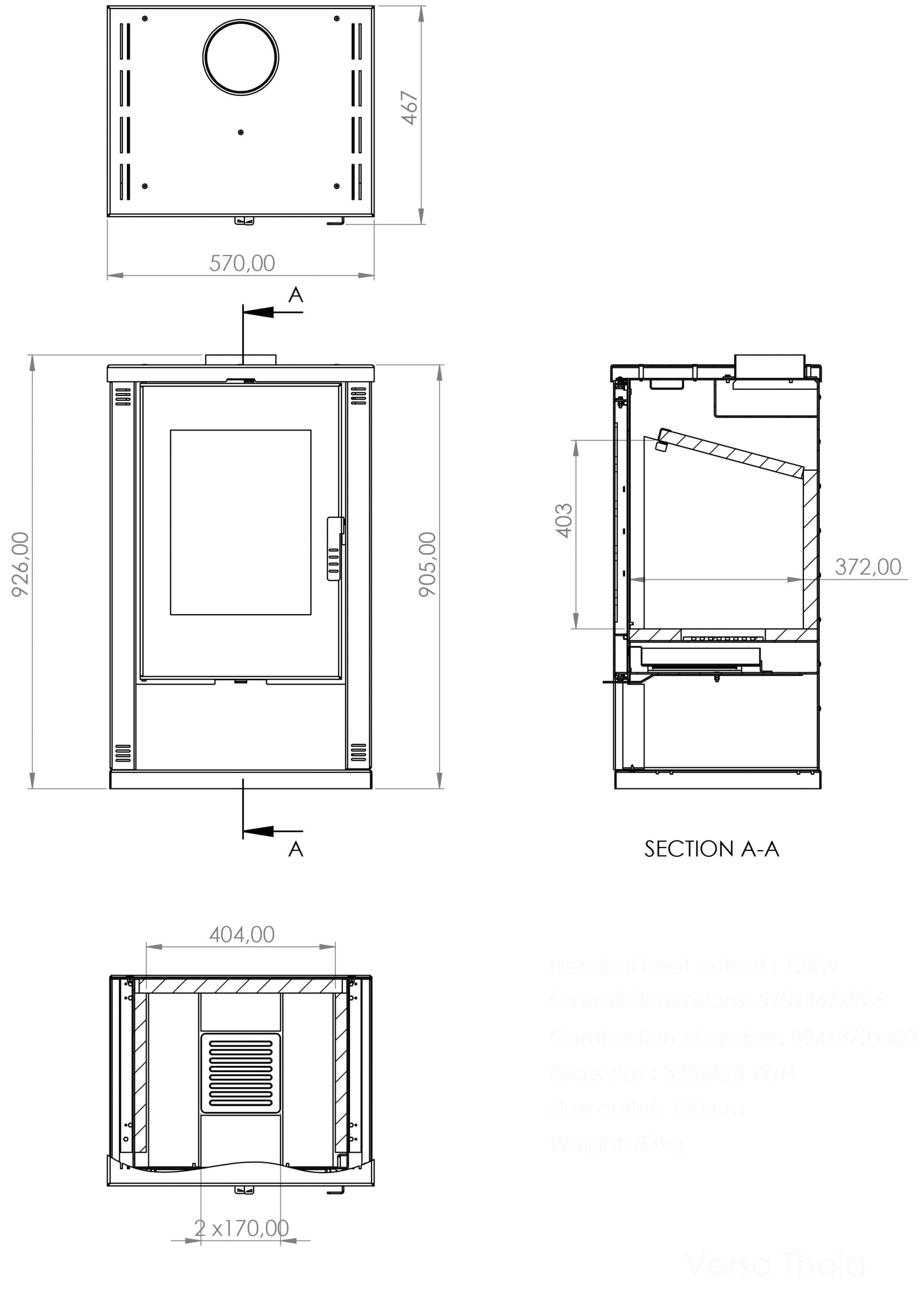 Verso Theia Poêle à bois moderne 9 kW avec panneaux latéraux laqués en noir