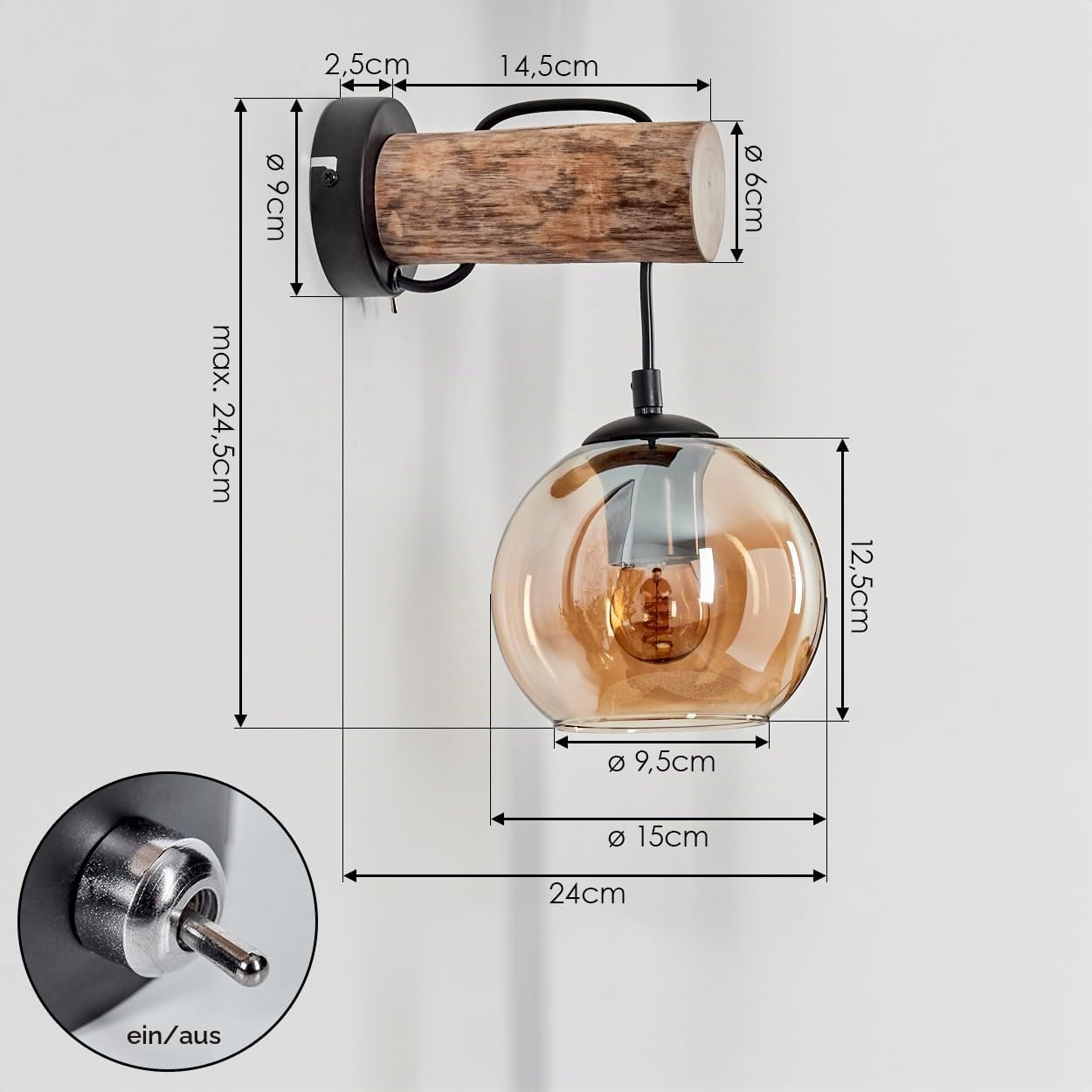 HOFSTEIN Wandleuchte Koyoto 2er Set, Wandlampe aus Metall/Holz/Glas in Schwarz/Natur/Bernstein, Leuchte im Retro/Vintage-Design (Ø 15 cm), Schalter am Gehäuse, E27, Wohnzimmer, Schlafzimmer, Flur