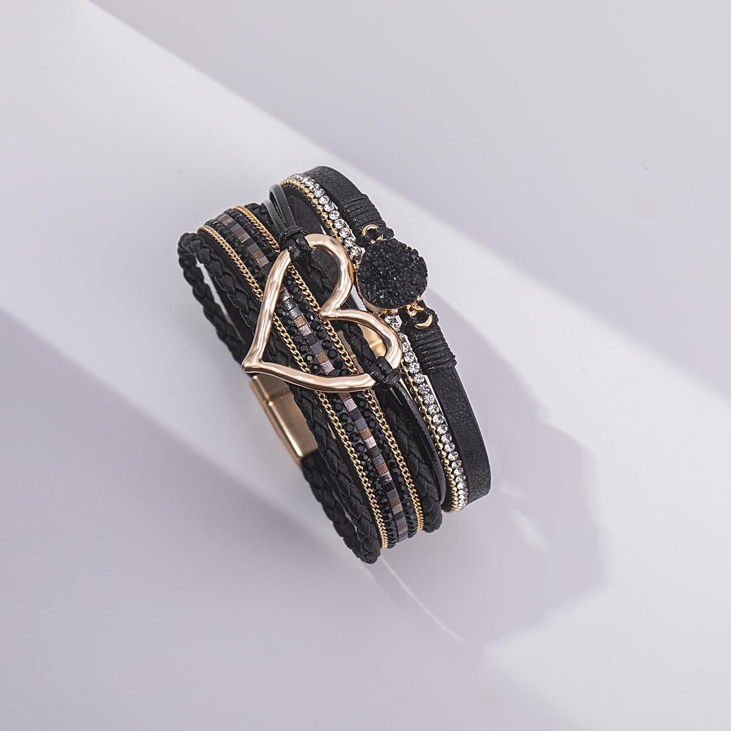 FANCY SHINY Heart Leather Wrap Bracelets Stackable Boho Cuff Bangles Trendy Resin Stone Rhinestone Bracelets with Magnetic Clasp for Women Valentine Gifts - Image 7