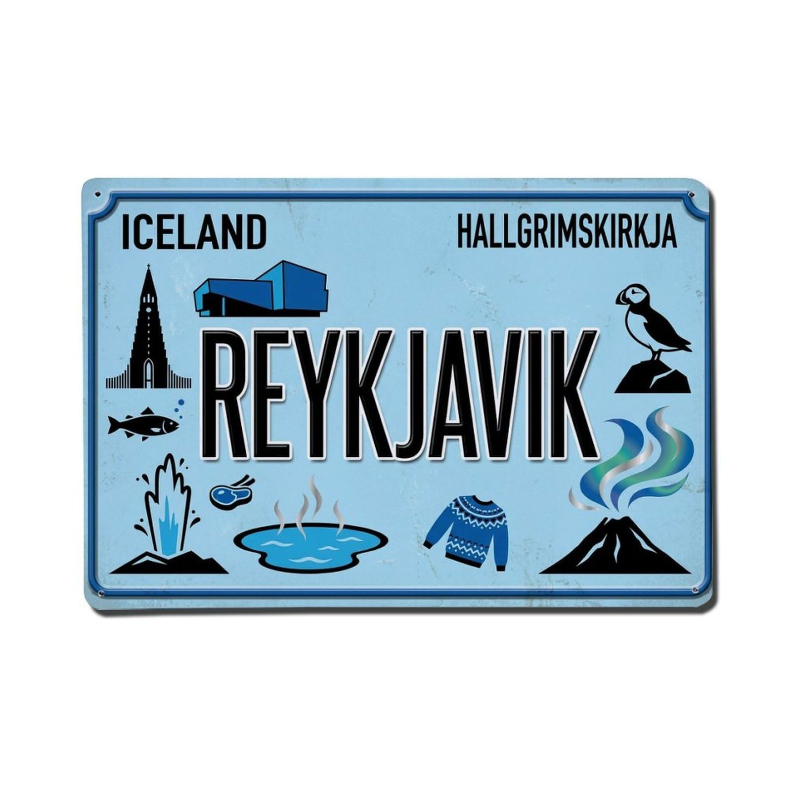 Xanthor Style Vintage Travel Reykjavik Iceland Hallgrimskirkja Geyser Metal Tin Sign