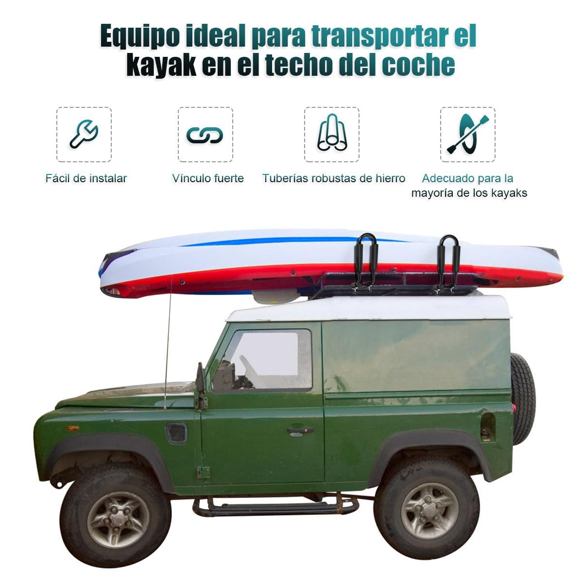 SOARS 4 x Soporte para Kayak, Soporte para Barco con Acolchado de Espuma, Baca Universal para Coche, Soporte para Kayak en Forma de J, Baca para Barco y Canoa Incl. 4 Correas de Sujeción