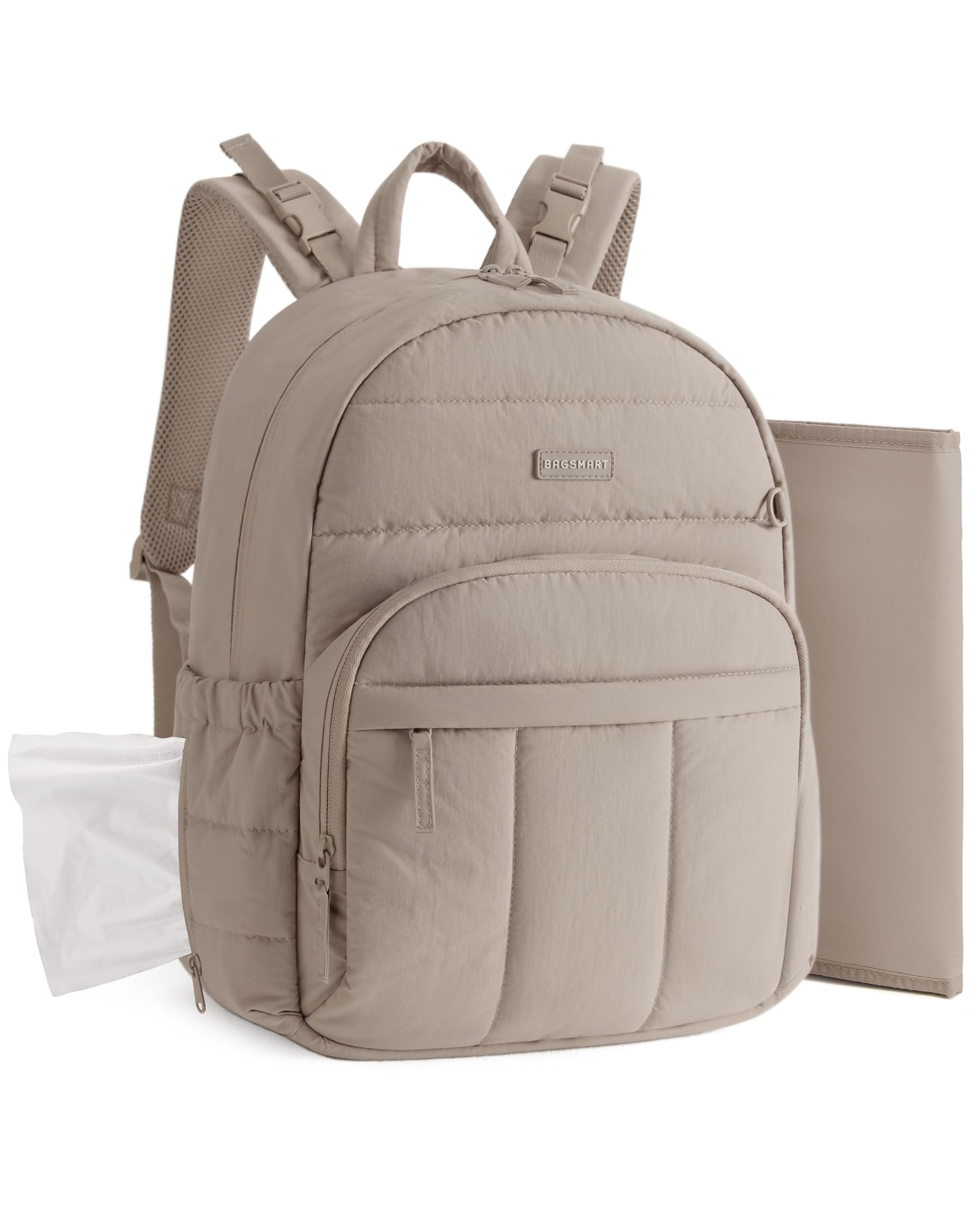 BAGSMART Diaper Bag Backpack, Multi-Pocket Puffy Diaper Bag with Waterproof Changing Pad, Lightweight Stroller-Friendly Diaper Bag with Insulated Pockets, Easy-Access Baby Essential, Camel