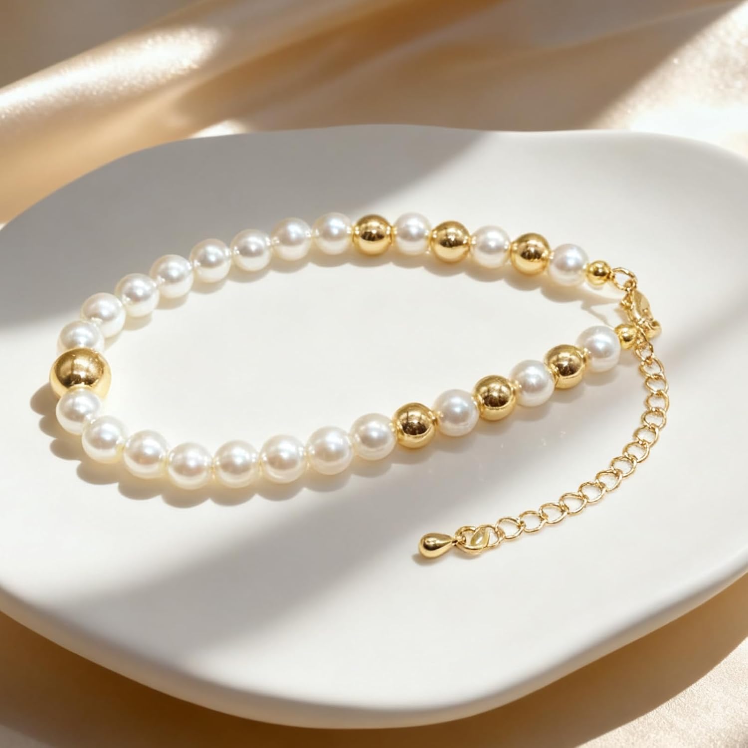 Pearl Bracelet for Women 18K Gold Plated Beaded Link Chain Dainty Bracelet with Simulated Pearl Trendy Stack - Image 7