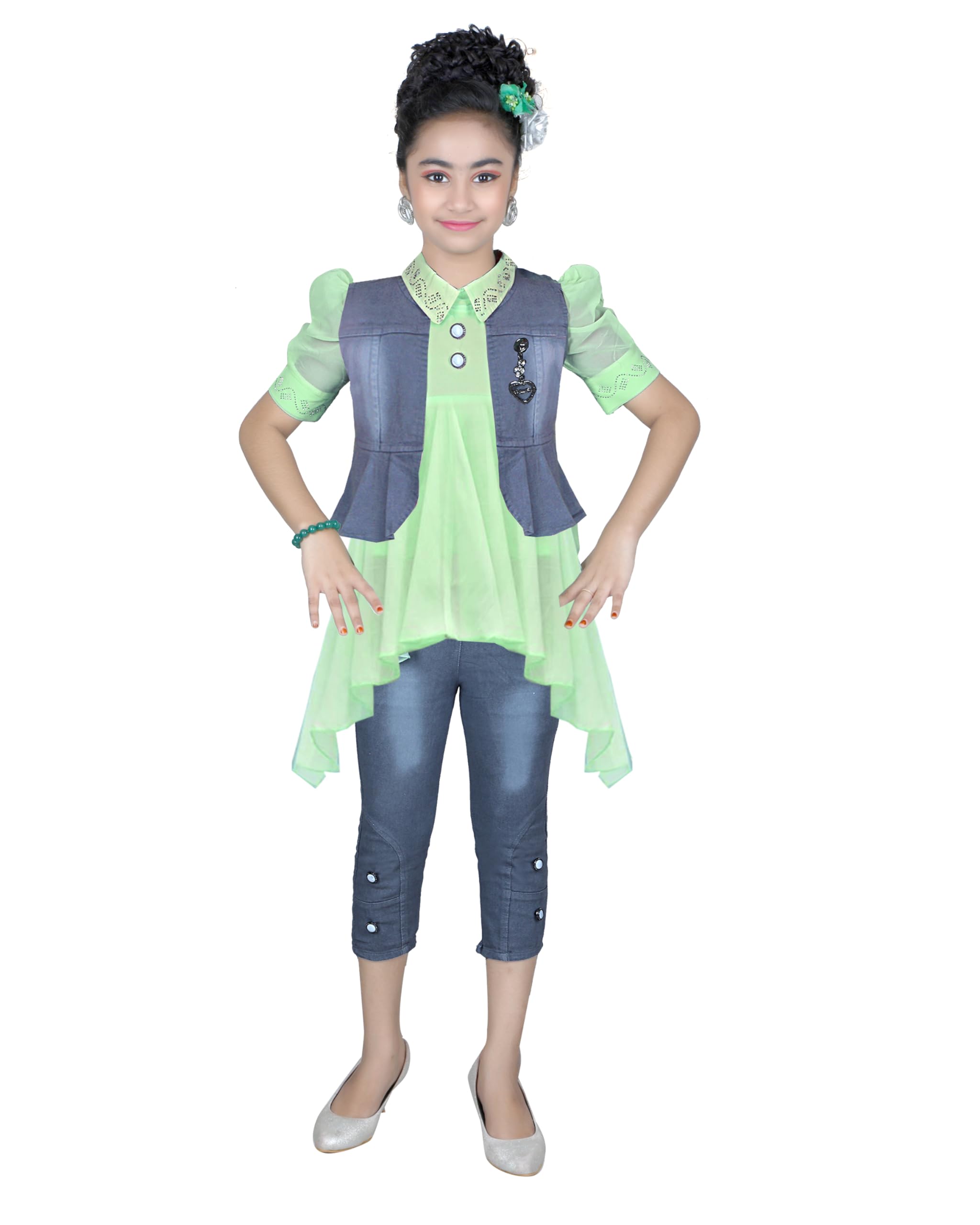 Girl's Denim Koty & Top With Jeans Set Pack Of 1