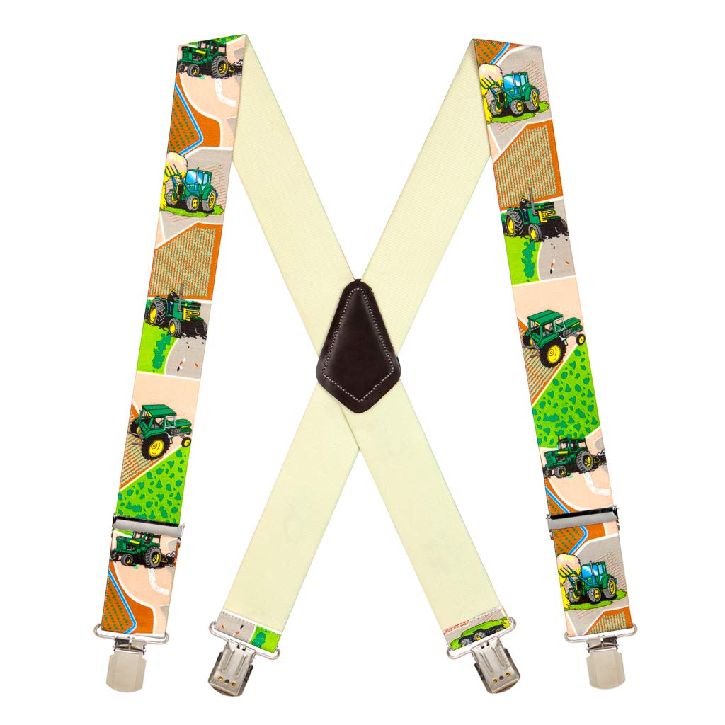 Suspender Store Novelty Green Tractors Suspenders - 2-Inch Wide Elastic - X-Back - Pin Clip - 48