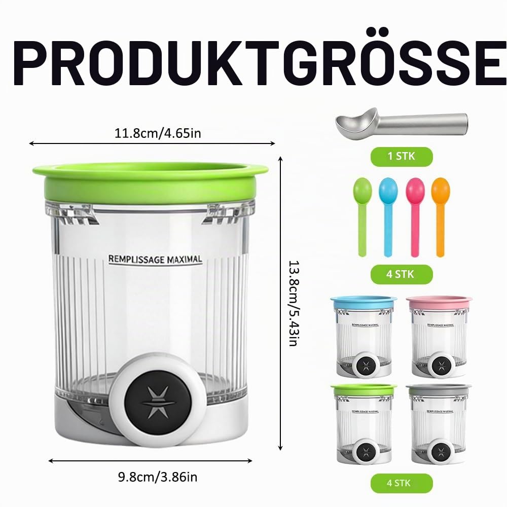 4 Stück Eisbehälter mit Deckel Passend für Ninja Swirl, Ersatz-Pints Eiscreme-Behälter für Ninja CREAMi NC700 NC701 Modelle, BPA-frei & Spülmaschinenfest, Zubehör für Eismaschine mit Löffel