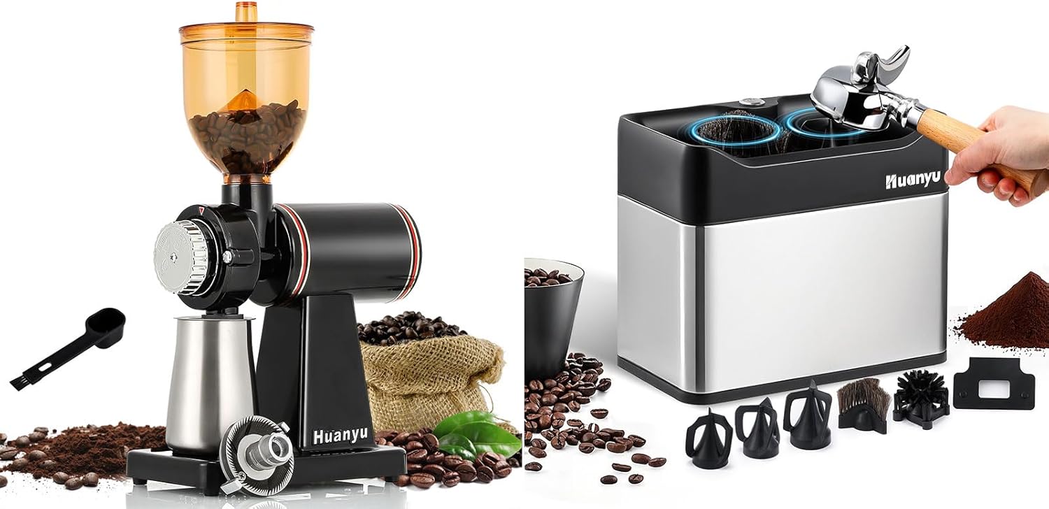 Huanyu Stainless Steel Coffee Grinder Electric with 8 Grinding Settings Black and Huanyu Electric Espresso Portafilter Cleaner with Dual Brush Heads and Three Scrapers Bundle