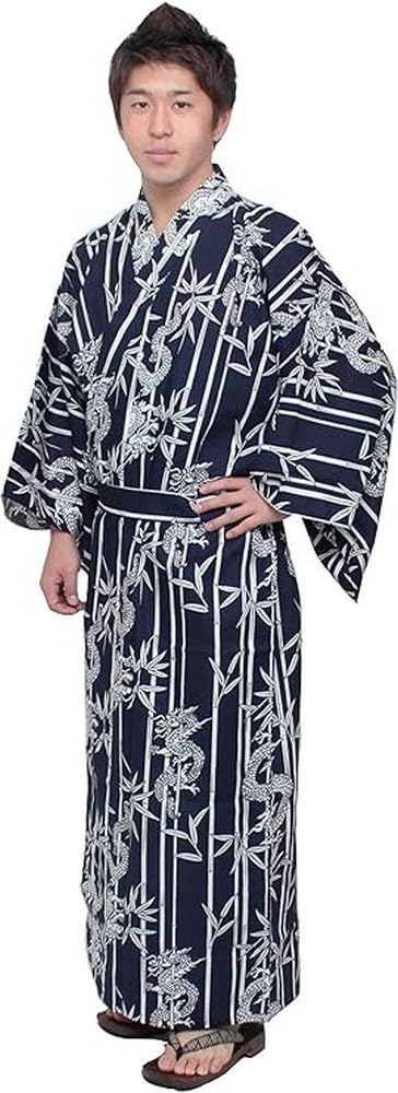 JapanBargain, Japanese Men's Cotton Yukata Kimono Bath Robe Bamboo and Dragon Design, Navy Color, Made in Japan