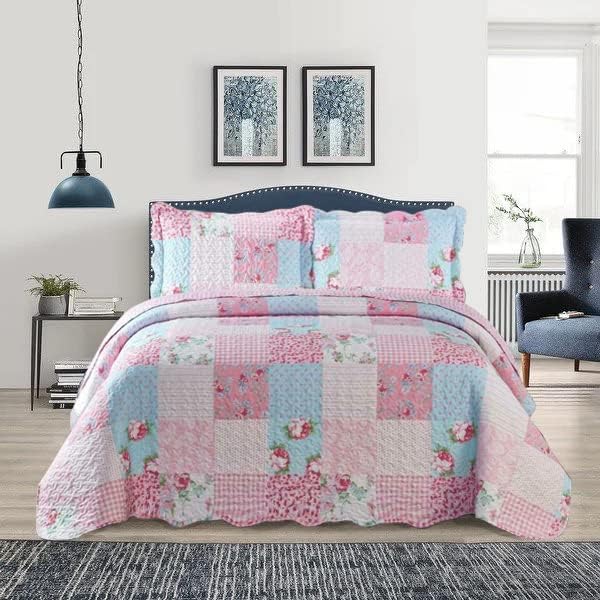 OZMIC Patchwork Quilt Bedspreads King Size Bedding - 3Piece Box Pattern Thick Cotton Filling Decorative Stitch Blanket Bed Throw With 2 Matching Pillow Cover Set - Floral Pink
