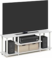 Furinno Turn-N-Tube TV Stand for 50 Inch TVs, 3-Tier Open Shelf Entertainment Center, Tool-Free Assembly, White Storage Console