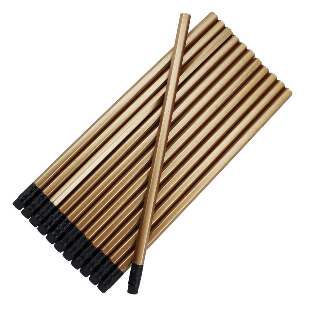 Blank Pencils Bulk – Hexagon Pencils – Gold Barrel and Black Eraser – Package of 10 - Non-Personalized - 2HB Black Lead - School - Office - Blanks - Non-smear eraser