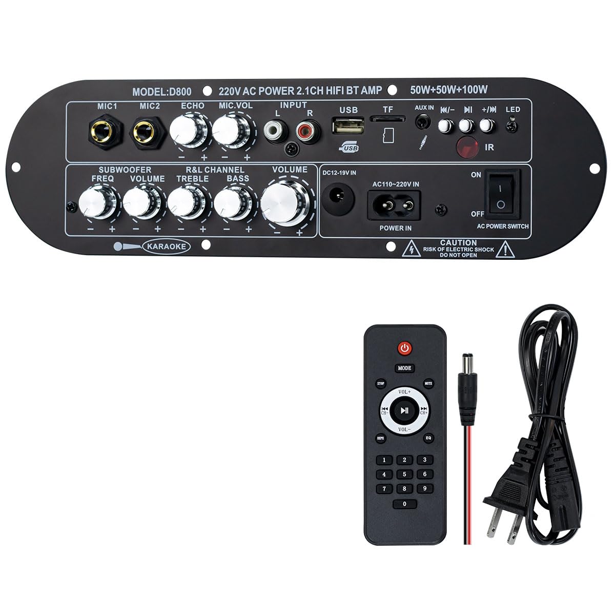 D800 2.1 Channel Bluetooth Receiver Amplifier 220W×2 + 350W Subwoofer, Hi-Res Audio Class D Amp with USB/AUX/USB Input, Bass Treble Control for Home Theater DIY Speakers