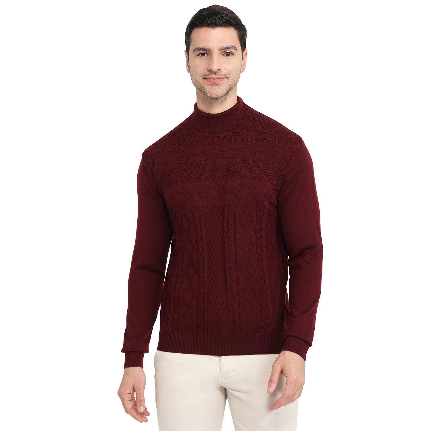 Men Contemporary Fit Structure Cable Pattern Merino Wool Acrylic Blend Full Sleeve Turtle Neck Casual Sweater Maroon-image-28