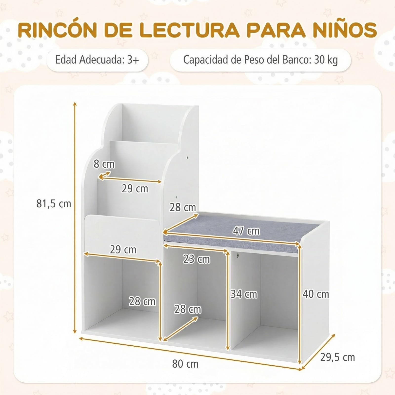 COSTWAY Estantería Infantil con Banco, Librería Infantil con Estantes de 3 Niveles, 3 Compartimentos Abiertos y Cojín de Asiento, Estantería para Niños para Dormitorio, Sala de Juegos