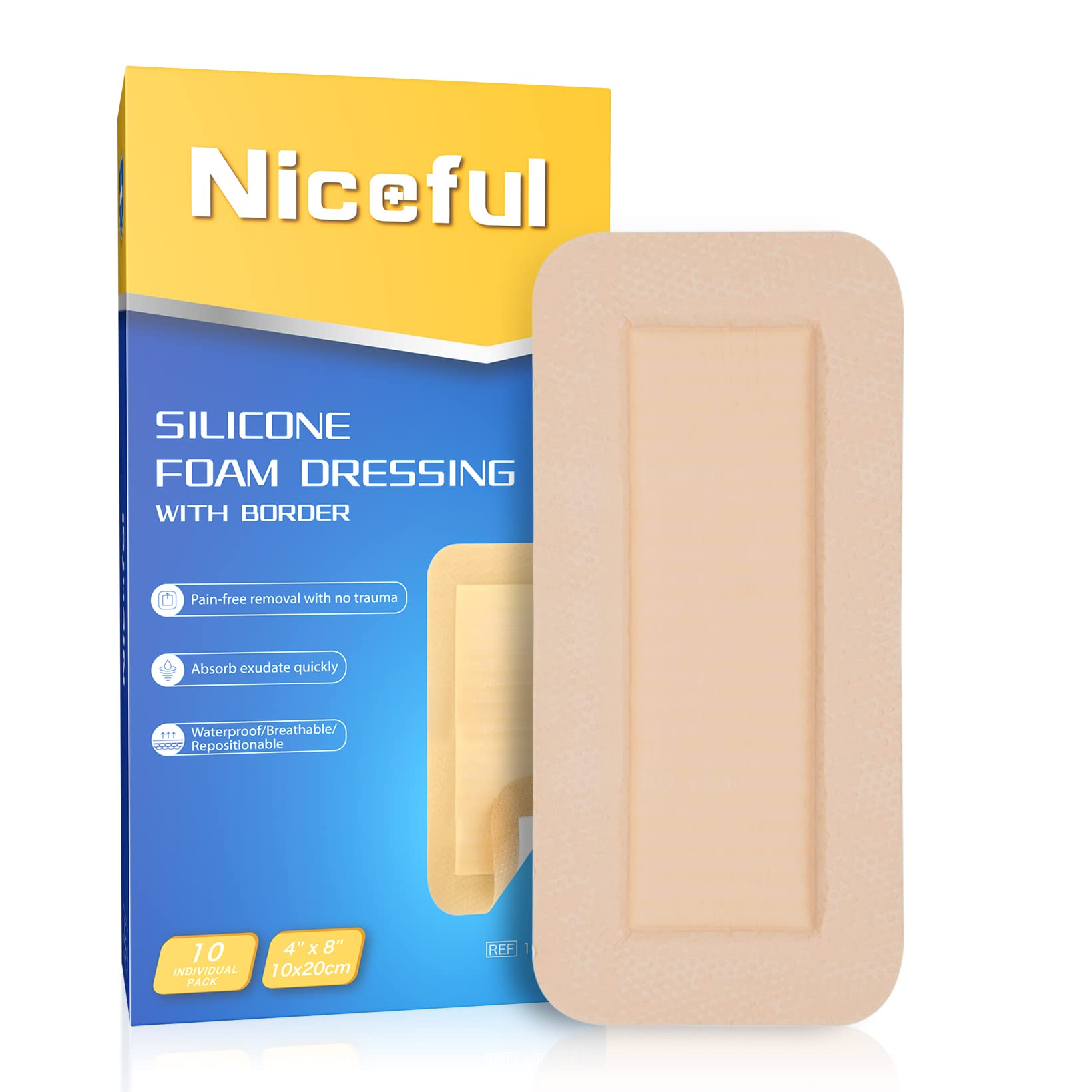Niceful Silicone Foam Dressing | Large Bandages for Wounds Pressure Sores Post-Surgery 4"x8"