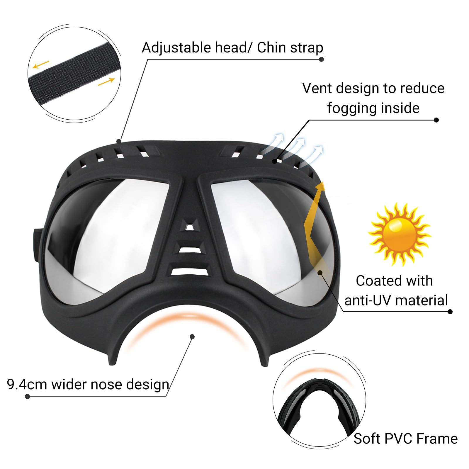 Namsan Dog Goggles Medium-Large Dog Anti-UV Sunglasses Windproof Snowproof Soft Frame Glasses for Long Snout Dogs Eyes Protection, Black