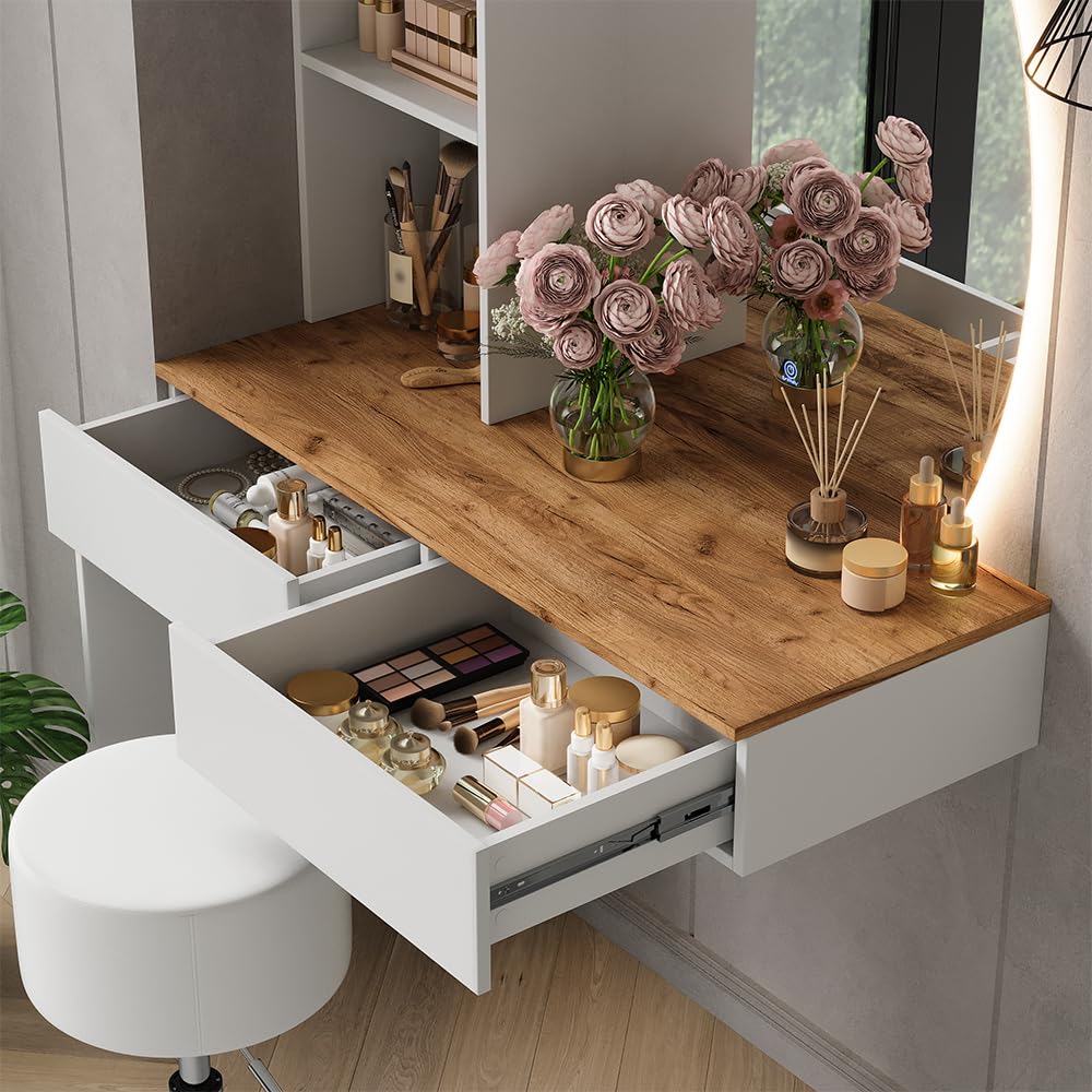 Vicco Tavolo da toeletta Melora, Bianco/quercia, 100 cm | con specchio LED e sgabello, per la conservazione di cosmetici e accessori