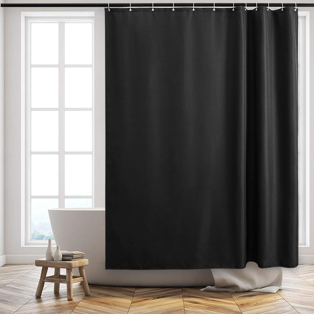 Furlinic Zasłona prysznicowa z tkaniny poliestrowej, wodoodporna, odporna na pleśń, obciążona zasłona łazienkowa, 180 x 180 cm, do łazienki, czarna, 180 x 180 cm, z 12 haczykami.